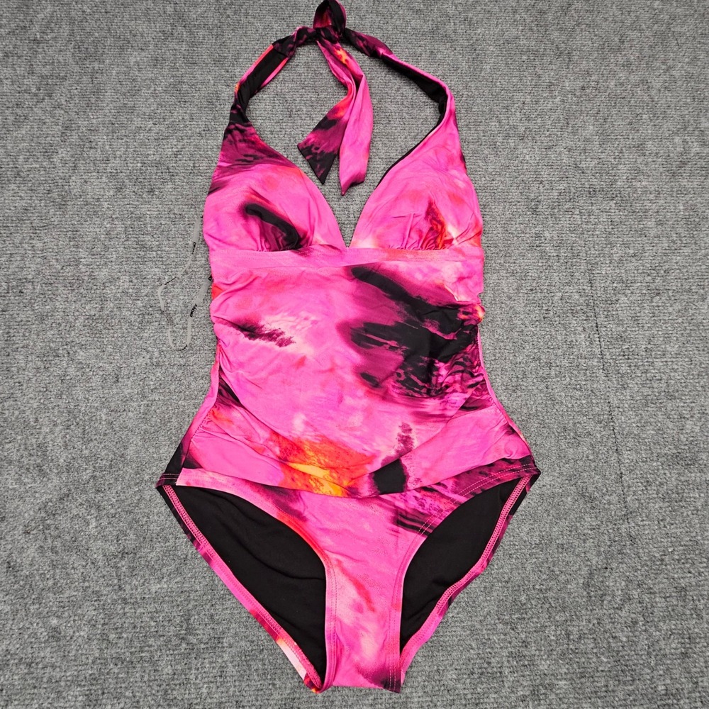 DKNY Women One-Piece Swimsuit Tie Dye Halter Ruched Pink DI4MS733 New Size S